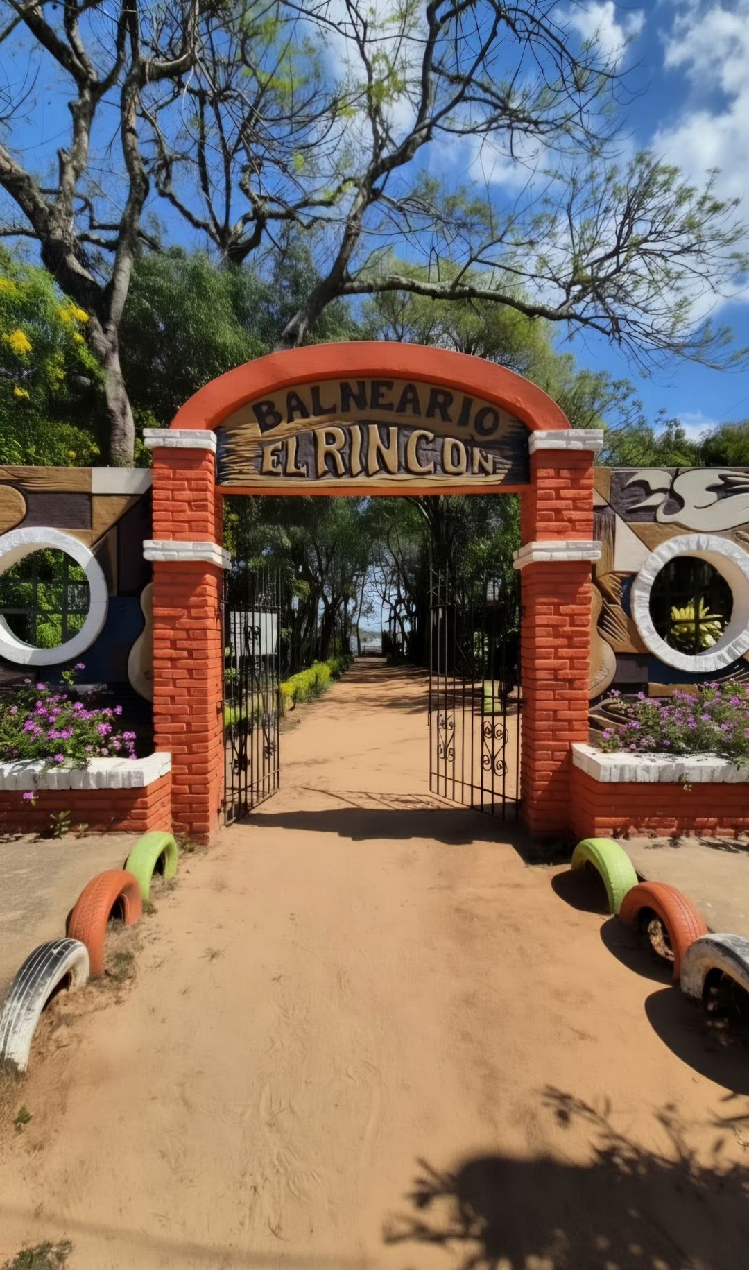 Arco de ingreso al Balneario El Rincón, con el sendero arbolado detrás